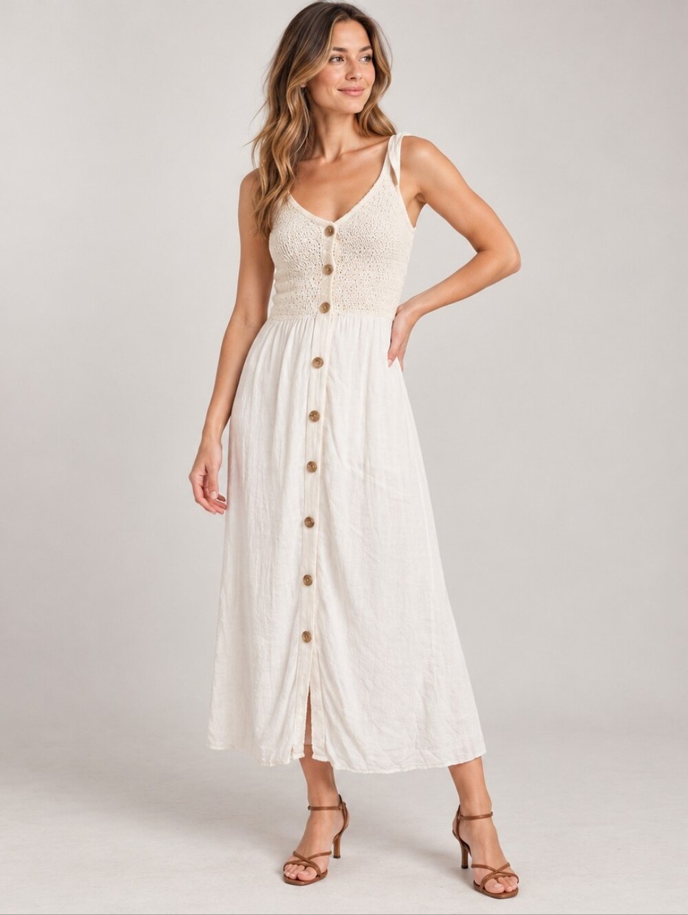 Jessica Simpson Cream Crochet Button Front Midi Dress Size S